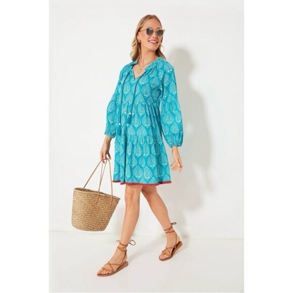 TUCKERNUCK Tropical Teal Lantern Block Print Tie Neck Coverup Dress Size Medium - Picture 14 of 14